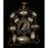 Italian Baroque blessing pot in gilt bronze and mother-of-pearl filigree with Virgin oval in hand-en