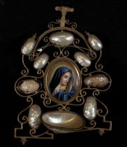 Italian Baroque blessing pot in gilt bronze and mother-of-pearl filigree with Virgin oval in hand-en