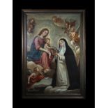 Important Large New Spanish canvas depicting the Virgin with Child delivering the Crown of Roses to 