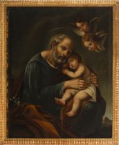 Saint Joseph with Child in Arms, 18th century Central American colonial school, Guatemala, Viceroyal