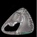 Rider buckle with horse in solid silver, diamonds and emeralds