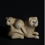 Japanese Netsuke on Mammoth Fang (Mammuthus primigenius) representing Pair of Cats, 19th century Jap