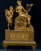 Large French Empire Clock in gilt bronze depicting Euterpe with Cupid, 19th century