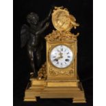 Important and elegant Louis XVI style mercury gilt bronze table clock with Cupid holding portrait of
