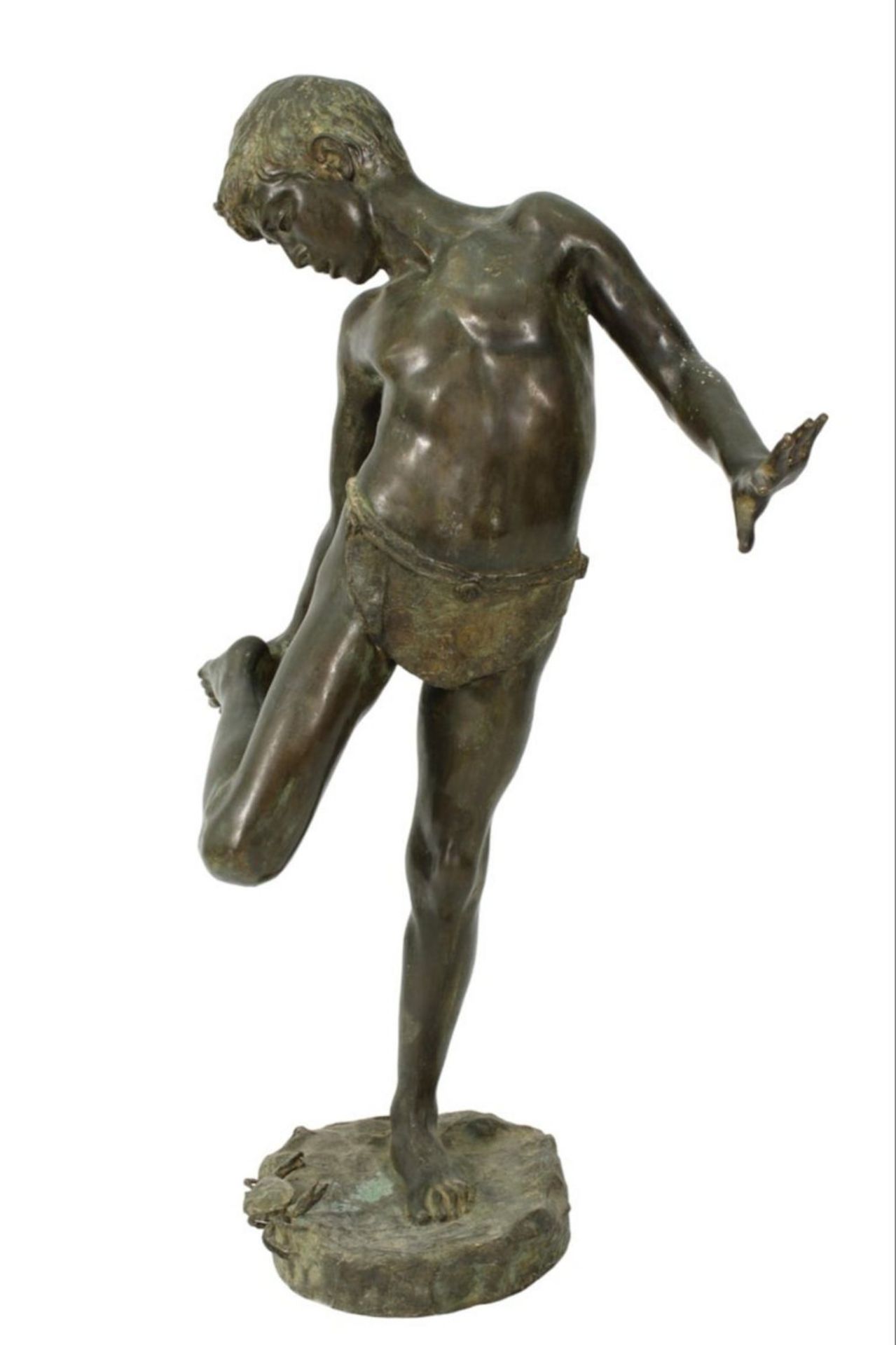 "Boy with Crab", attributed to Annibale de Lotto (1877 - 1932), large sculpture in patinated bronze,