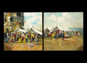 Characters on the beach, couple oil paintings on canvas, signed. Giner, 20th century