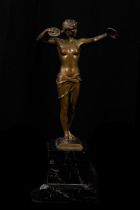 Goddess of Sports, 1930s French bronze with marble base, 1936 Berlin Olympics period, signed Ardecea