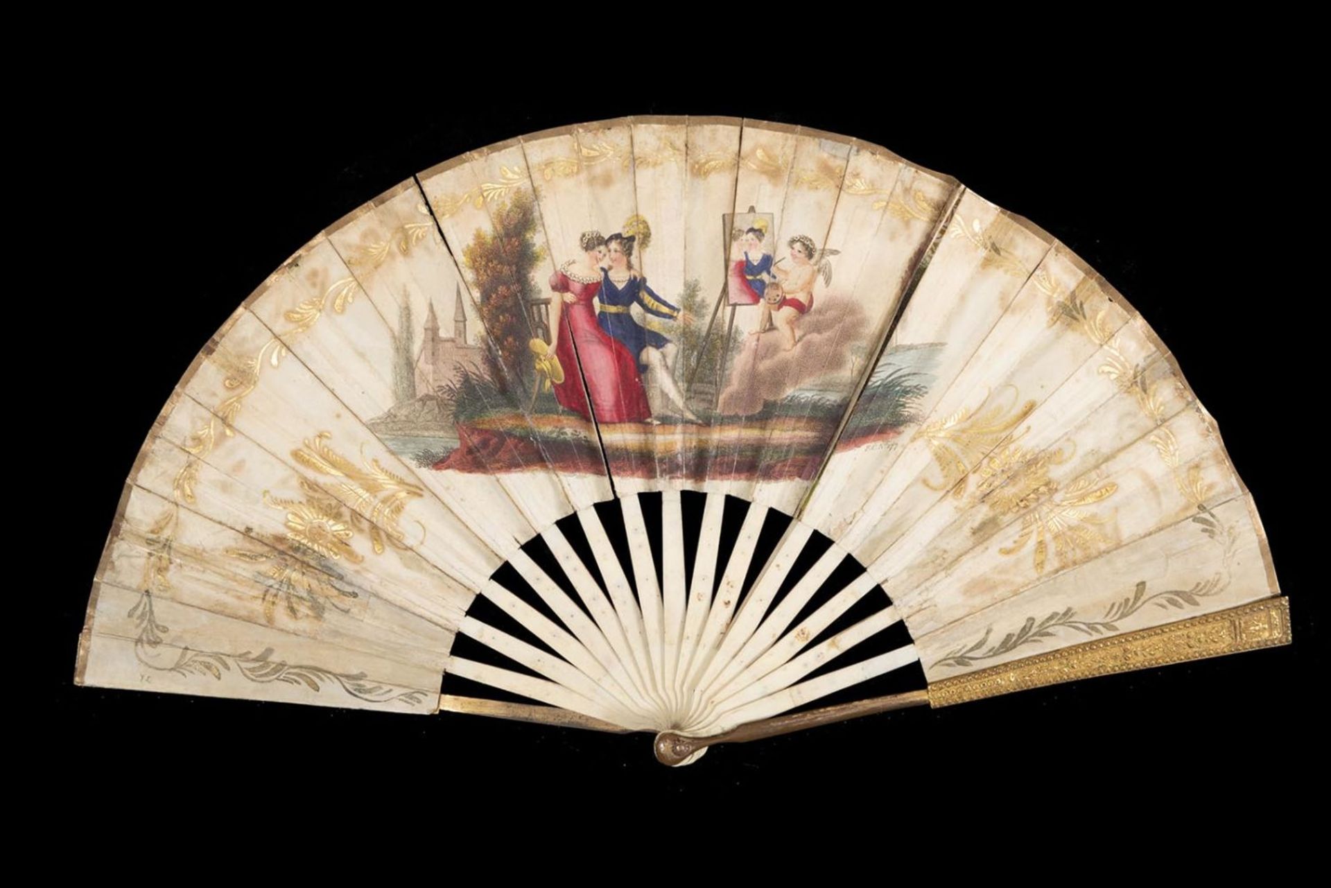 Fan with Galante couple portrayed by Cupid, 19th century