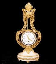 Important Louis XVI style Mantel Clock in gilt bronze, alabaster base and faceted white sapphires ar