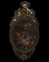 Saint Joseph with the Child in copper oval, 18th century, colonial work, Mexico