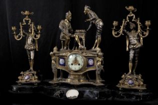 Large French Neo-Gothic Garrison in gilt bronze and silver with Limoges and troubadour enamels, 19th