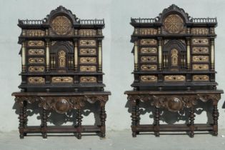 Great Pair of Italian Bargueño-type Cabinets in walnut wood, alabaster and carved bone inlay, Piedmo