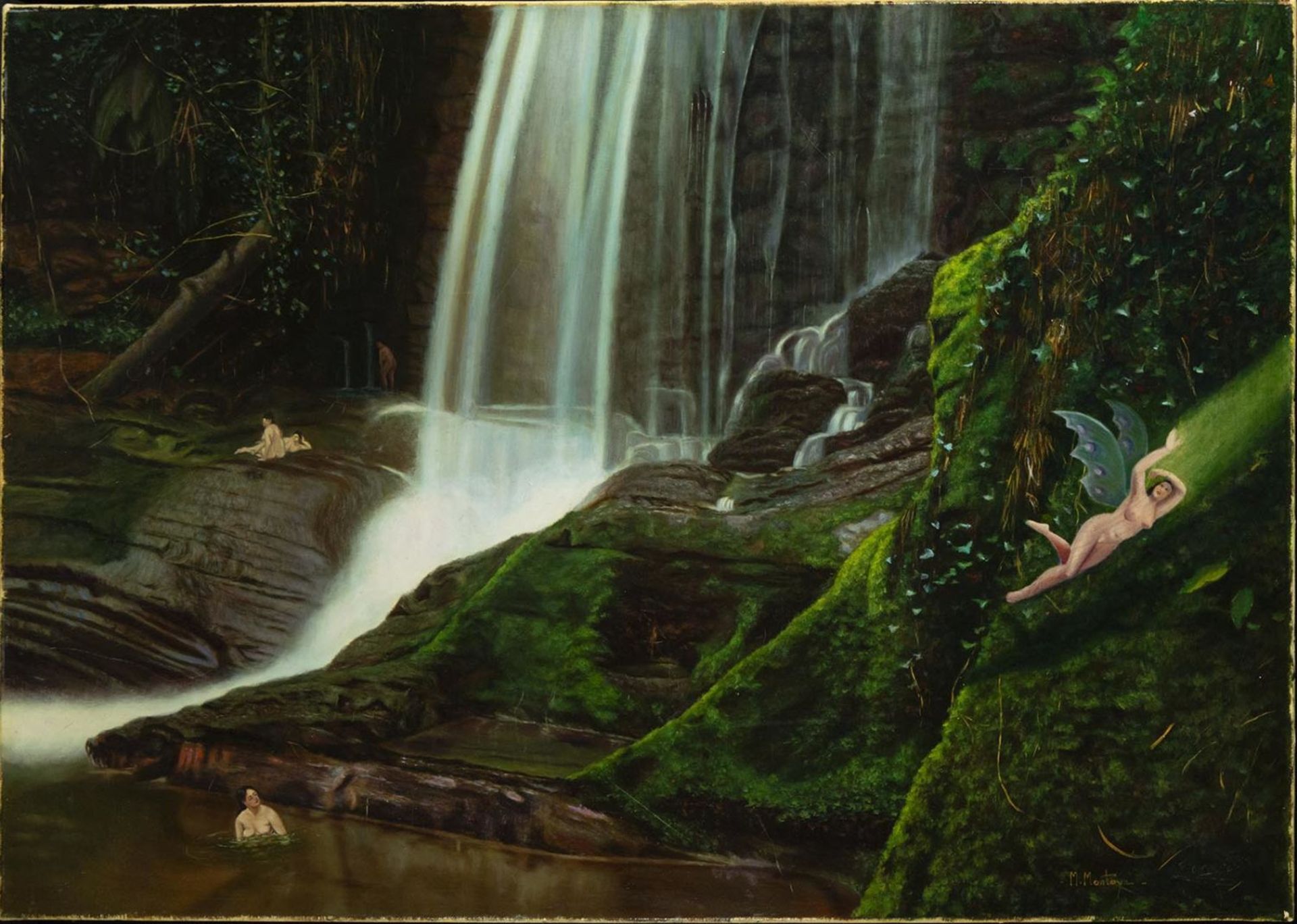 Landscape with Waterfall and Nymph, Manolo Montoya, 20th century