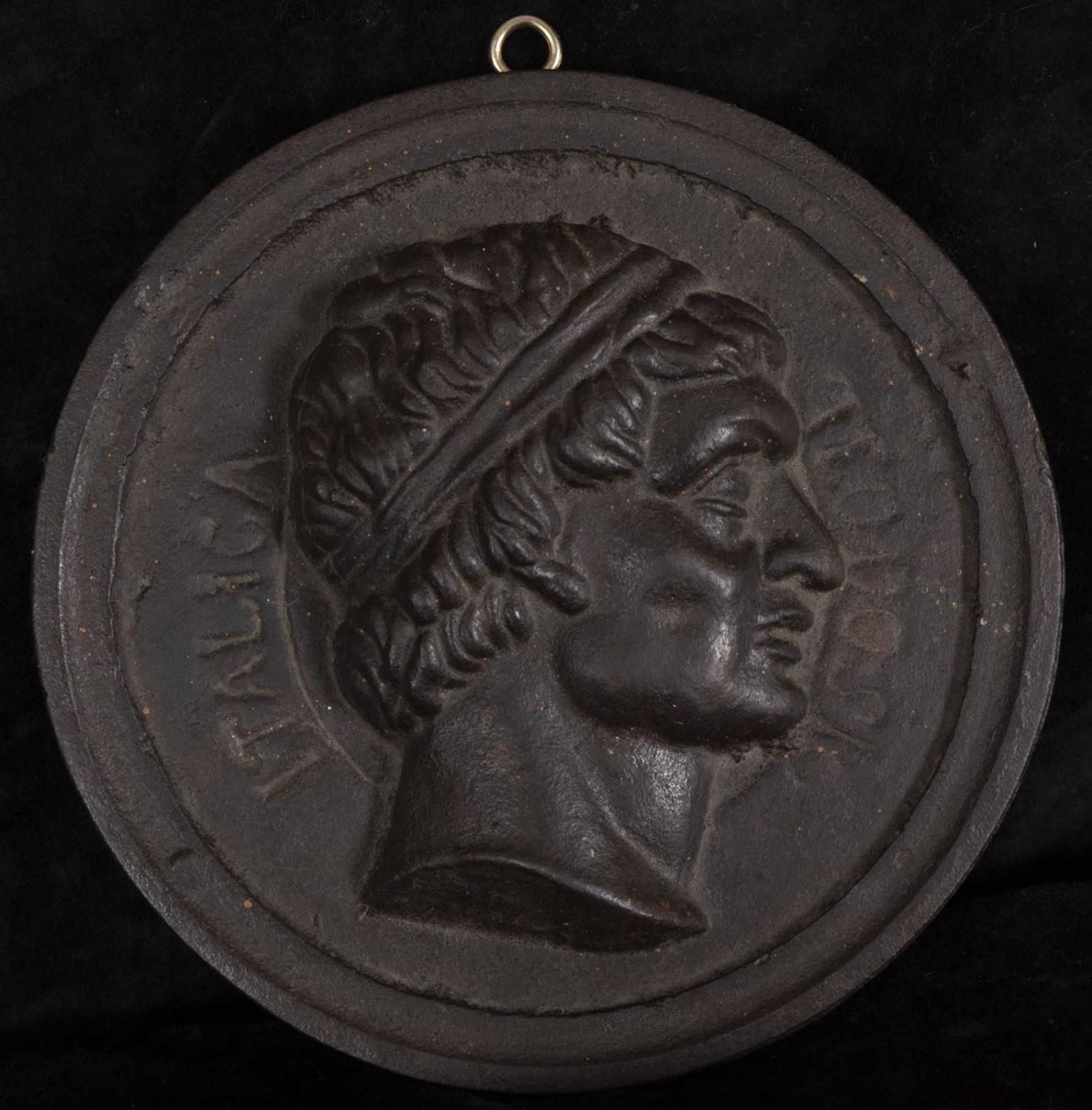 Decorative Large Grand Tour Medallion of Neoclassical Style in wrought iron representing the Emperor