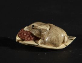 Japanese Netsuke on Mammoth Tusk (Mammuthus primigenius) depicting rabbit with fruit, 19th century J