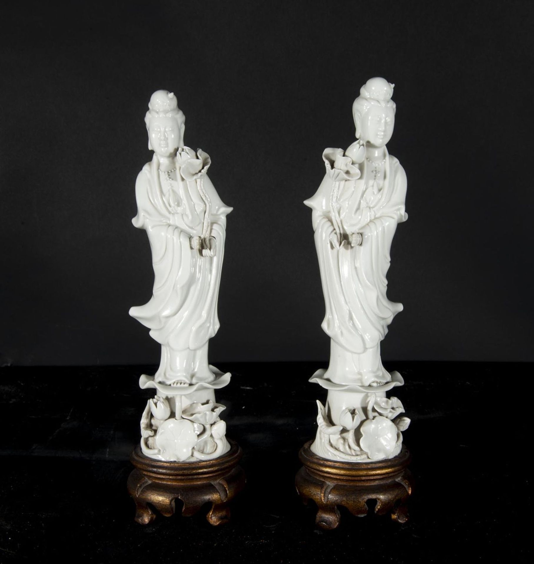 Pair of Guanyins in blanc de chine porcelain, 20th century Chinese school