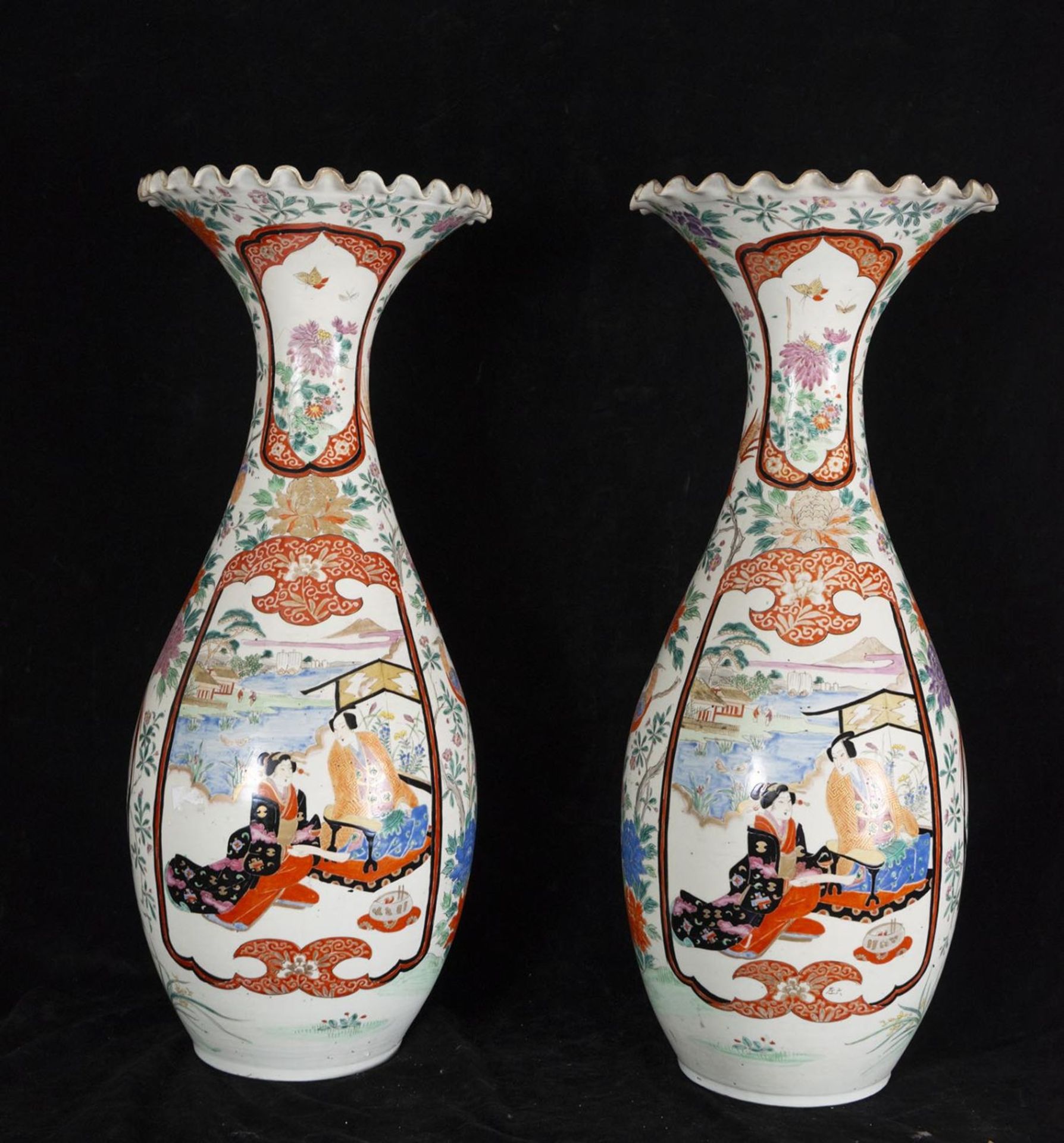 Pair of Large Polychrome Satsuma Vases, late Edo period, 19th century