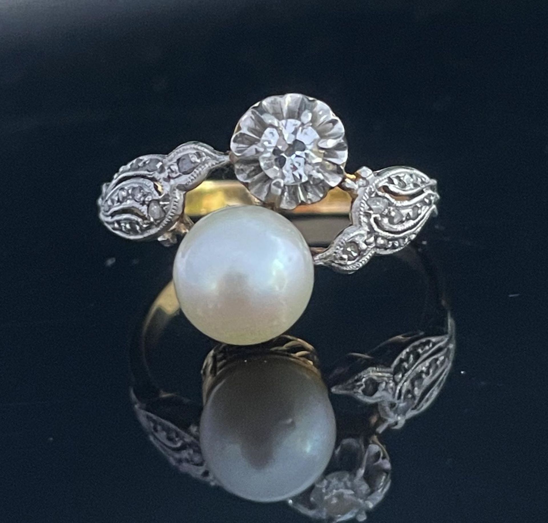 Vintage Yellow Gold Ring with Japanese Cultured Pearl and Diamond - Bild 3 aus 3