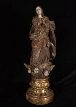 Important Immaculate Virgin with pedestal of Angels, colonial school possibly Mexico or Guatemala an