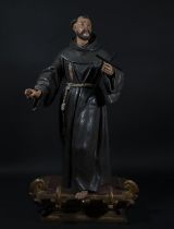 Spectacular Great Saint Francis of Assisi in Meditation with pedestal of the period, Juan Martínez M