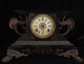 Art Deco Neo-Gothic style table clock with winged dragon motifs, 1930s
