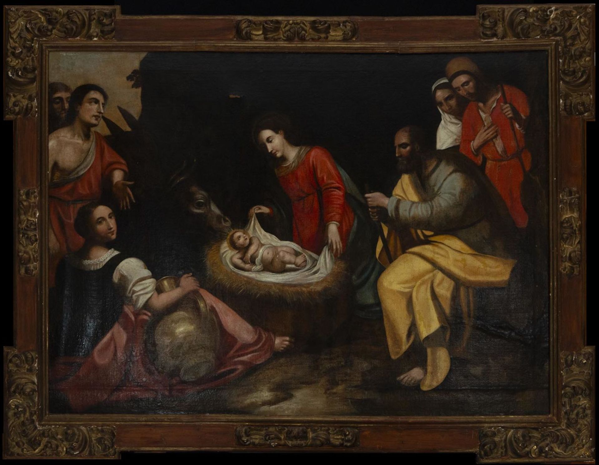 Great Adoration of Shepherds with important Baroque Frame from the 17th century of the same period, 