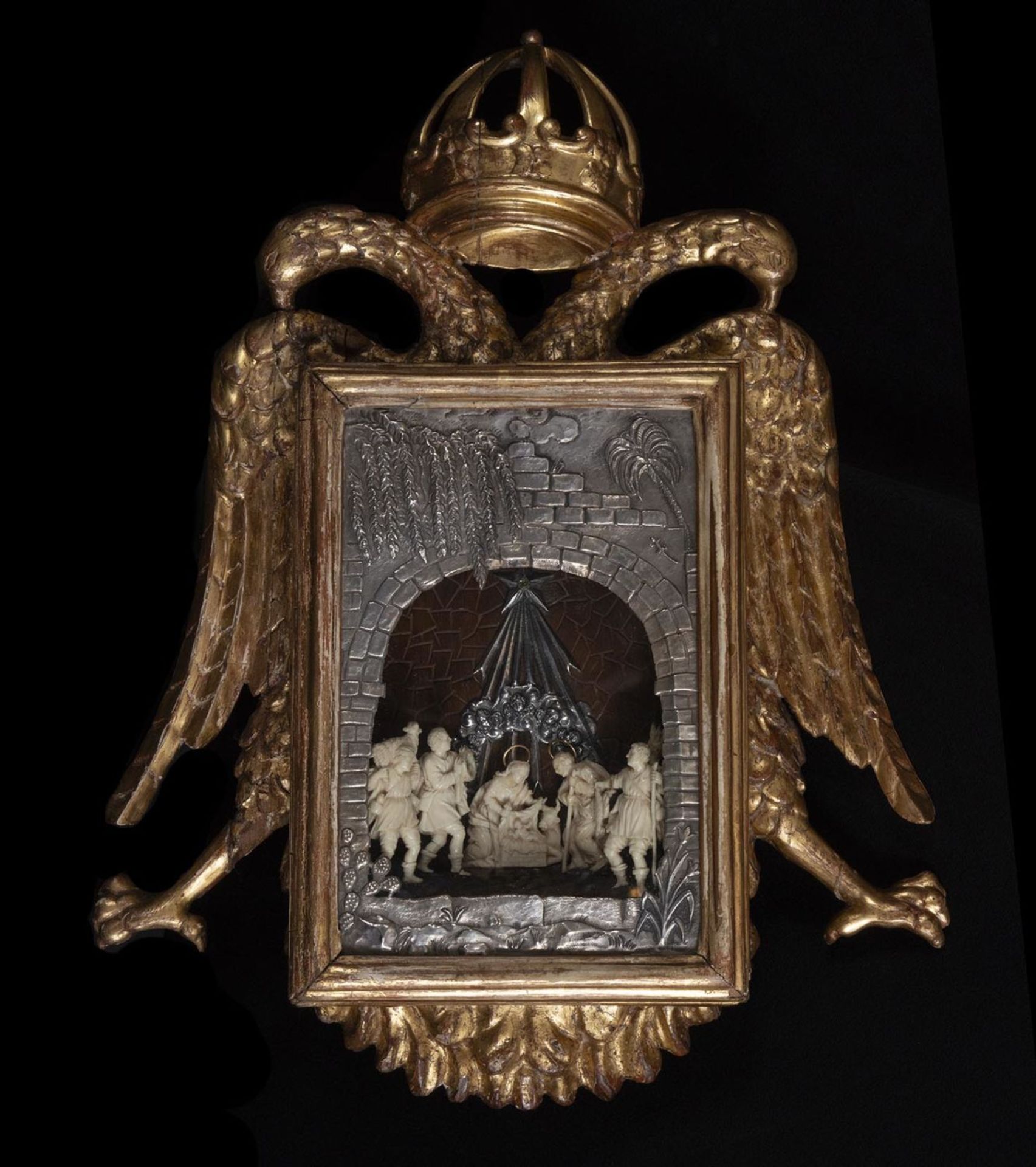 Magnificent Trapani Nativity Scene in silver and ivory from the 18th century, with an original frame