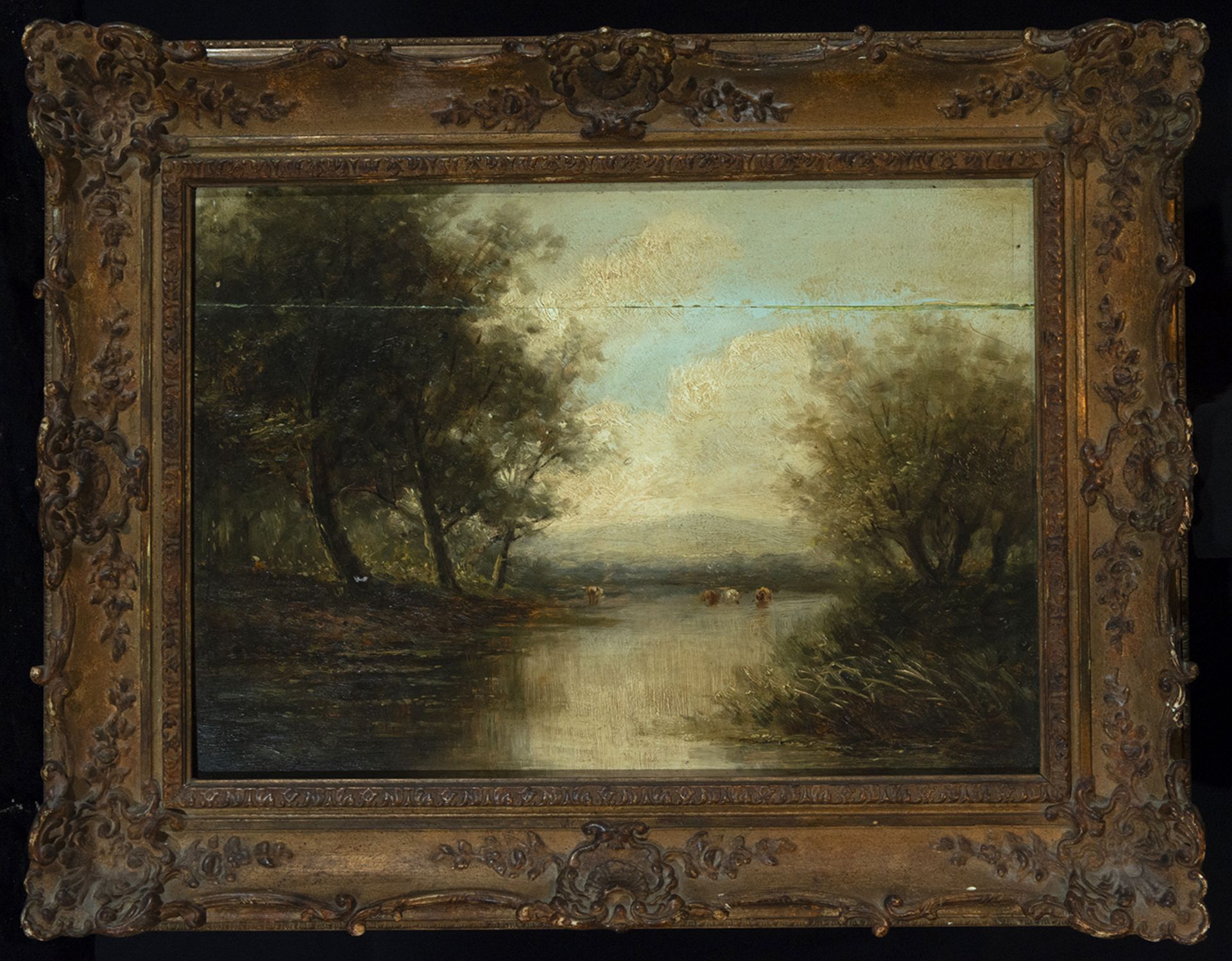 Elegant Dutch Landscape on panel with Cows watering on the riverbank, Dutch school 19th century