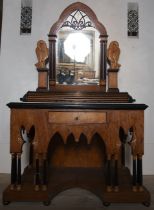 Exceptional Neogothic secretaire Art Nouveau transition to Art Deco in ebony and root marquetry, wor