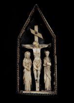 Rare and Exquisite Medieval Reliquary pendant with central Calvary in carved bone, crystal velvet an