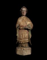 Rare Saint Agathe in carved wood, Viceregal colonial work from the 17th century