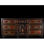 Elegant Hispano Flamish Tabletop Cabinet from the 18th century in fruit wood, ebony and tortoiseshel