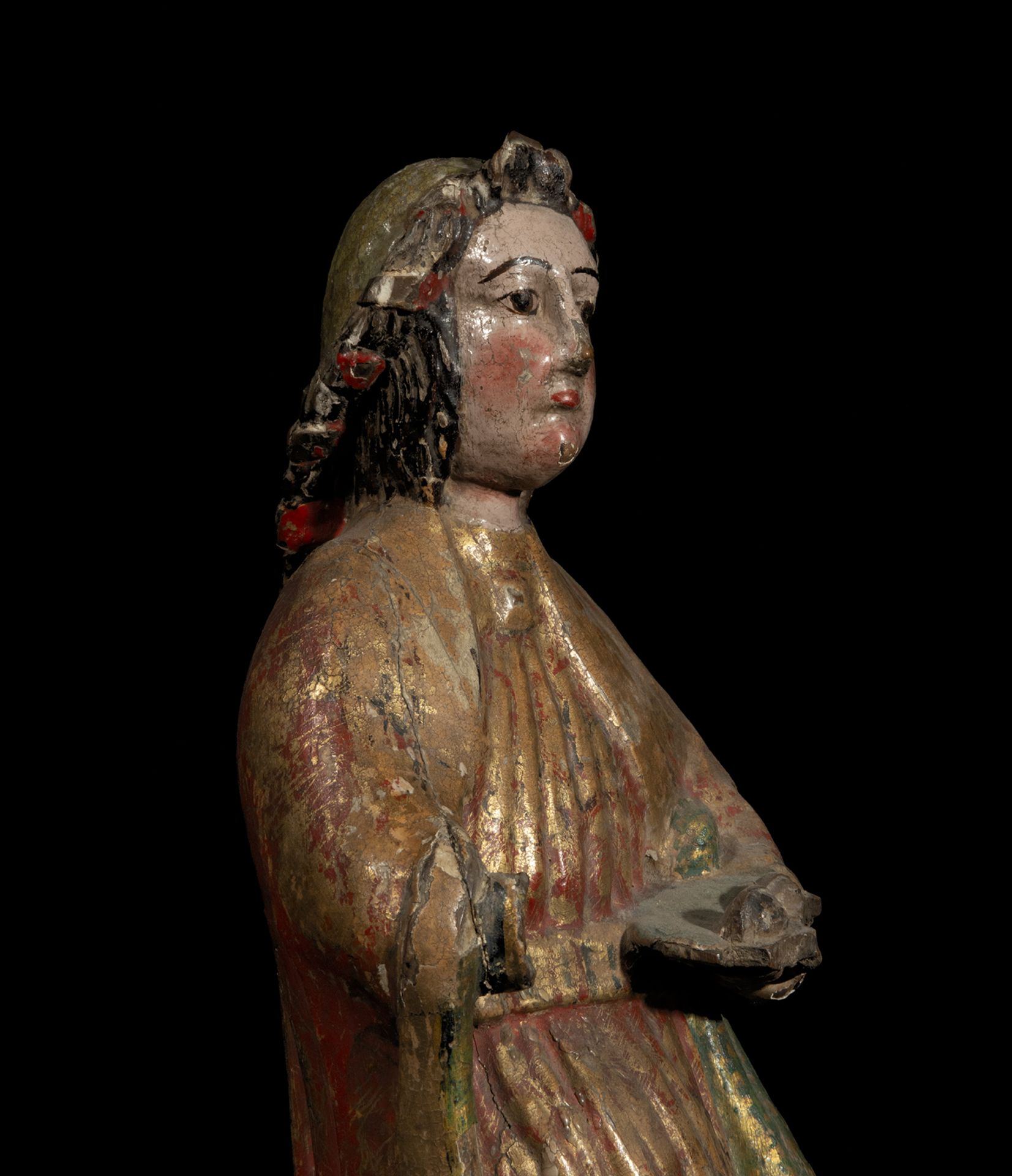 Rare Saint Agathe in carved wood, Viceregal colonial work from the 17th century - Image 4 of 5