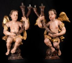 Pair of Important Portuguese Torchere Angels, 17th century Portuguese school