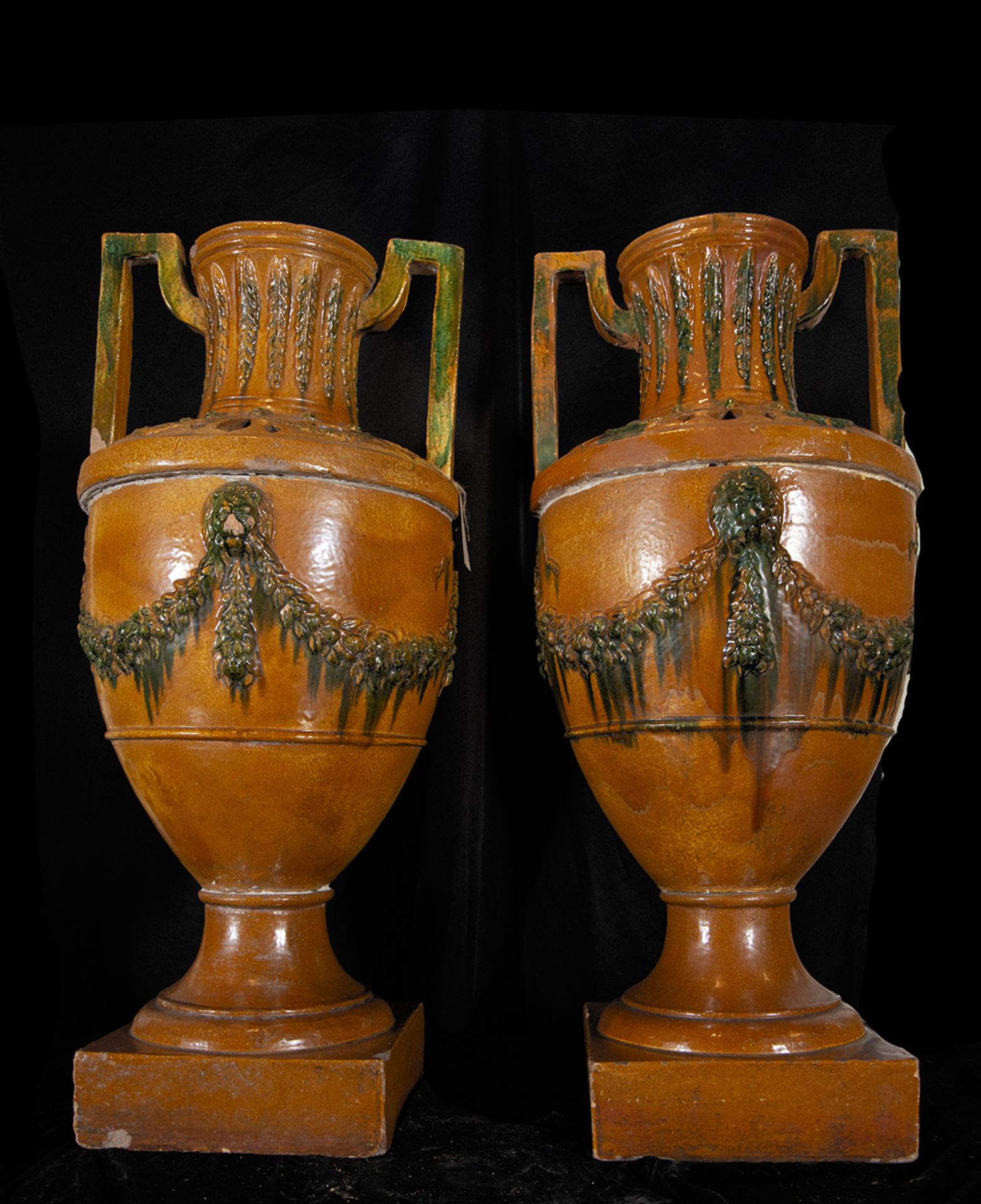 Pair of large and imposing Neoclassical style Vases or Jardinieres in glazed ceramic for Garden. 19t