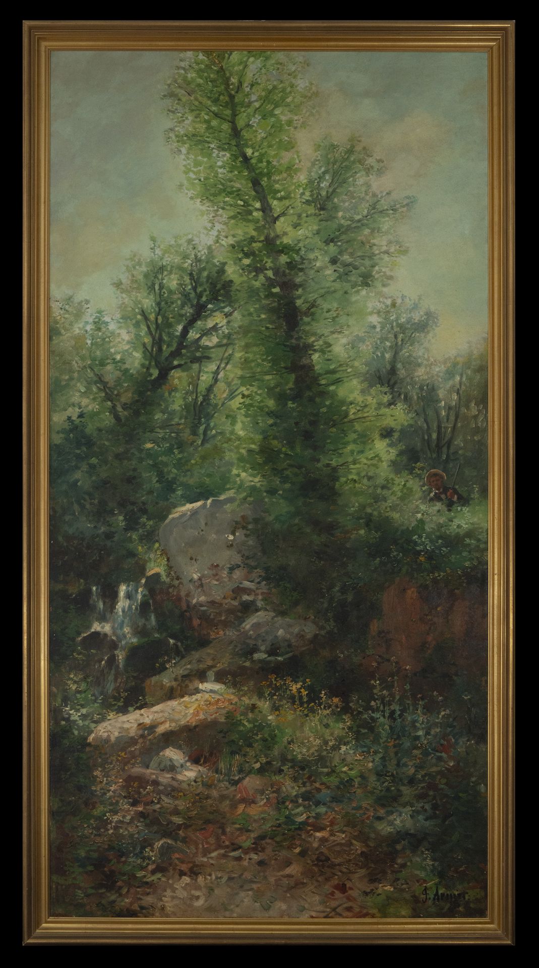 Large Landscape with character in oil, José Arnet, 19th - 20th century