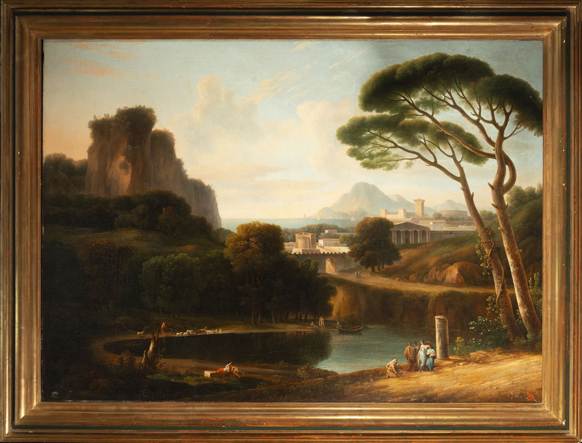 Magnificent Great View of the Bay of Naples with Characters under Roman Ruins and "Capriccio", signe