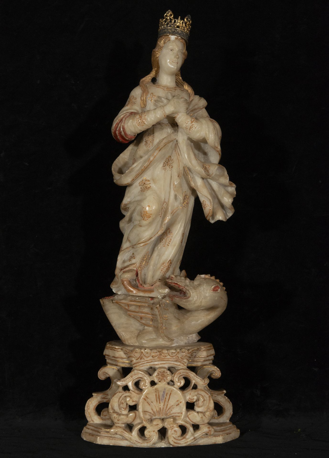 Magnificent Immaculate Virgin of Trapani in Alabaster from the end of the 17th century beginning of 