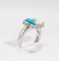 White gold, diamonds, turquoise and mother-of-pearl ring