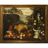 Decorative Large Neapolitan Still Life with View of Garden of Villa de Capri, fountain and fruits, 1
