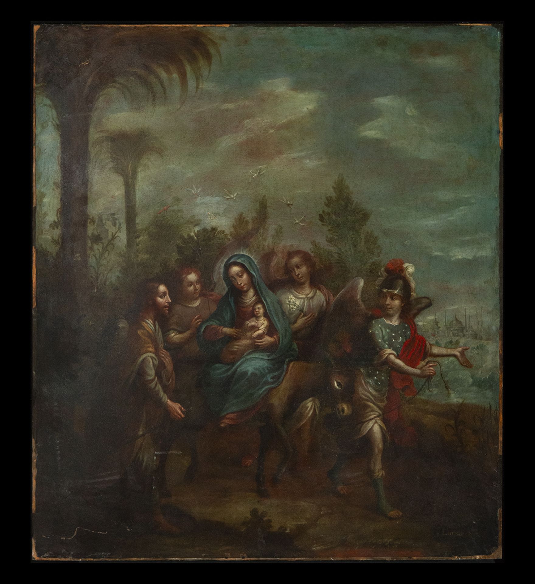 Nicolás Enríquez (1722-1787), large oil painted copper, "Rest in the Flight into Egypt", signed, 18t