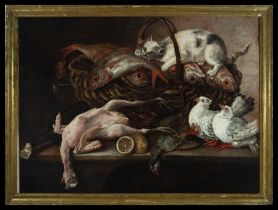 Mariano Nanni, Still Life of Fish with Cat, 18th century Italian school