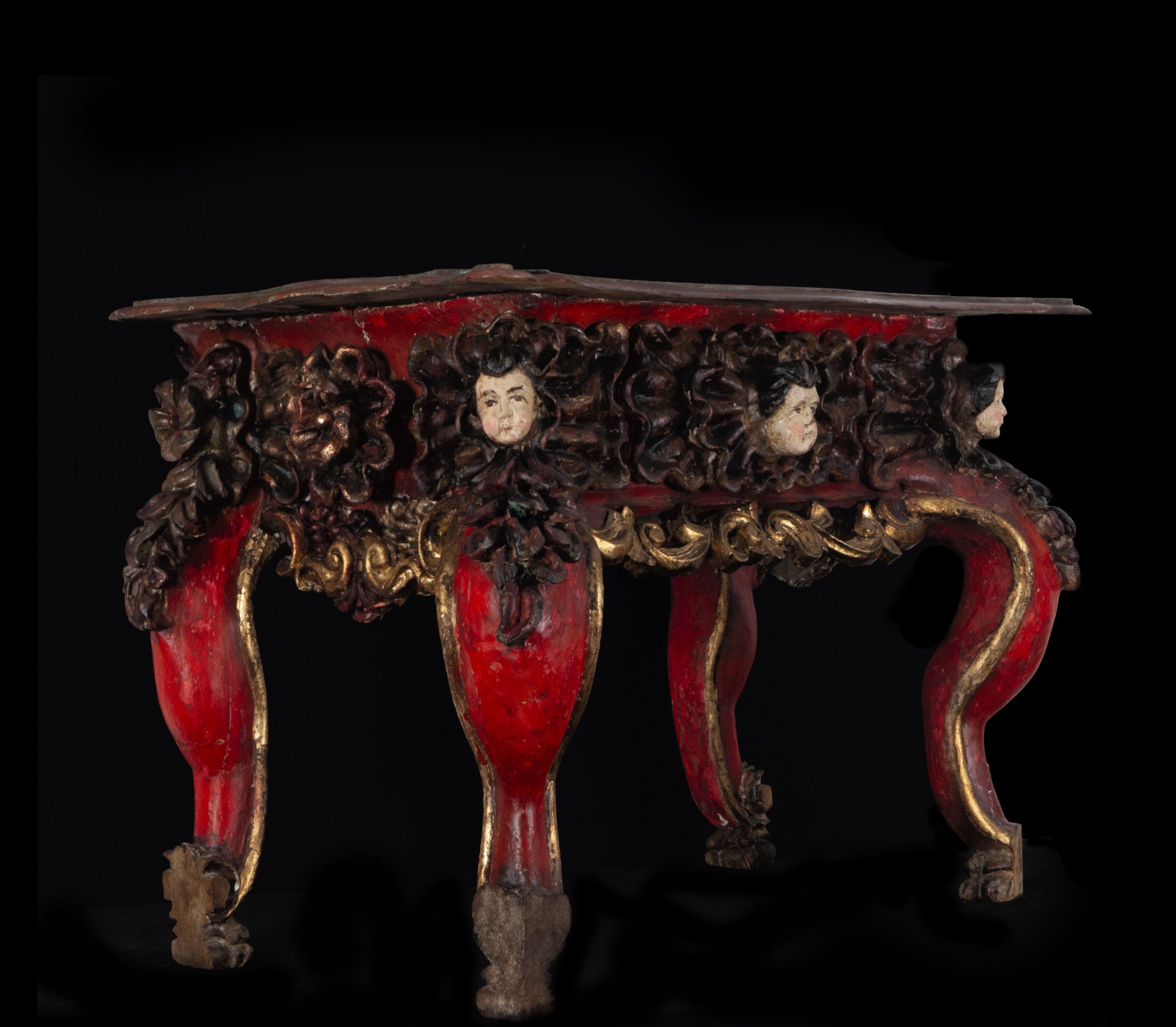 Novohispana Console in polychrome wood with Cherub finials, Mexican colonial work from the 18th cent - Bild 6 aus 7