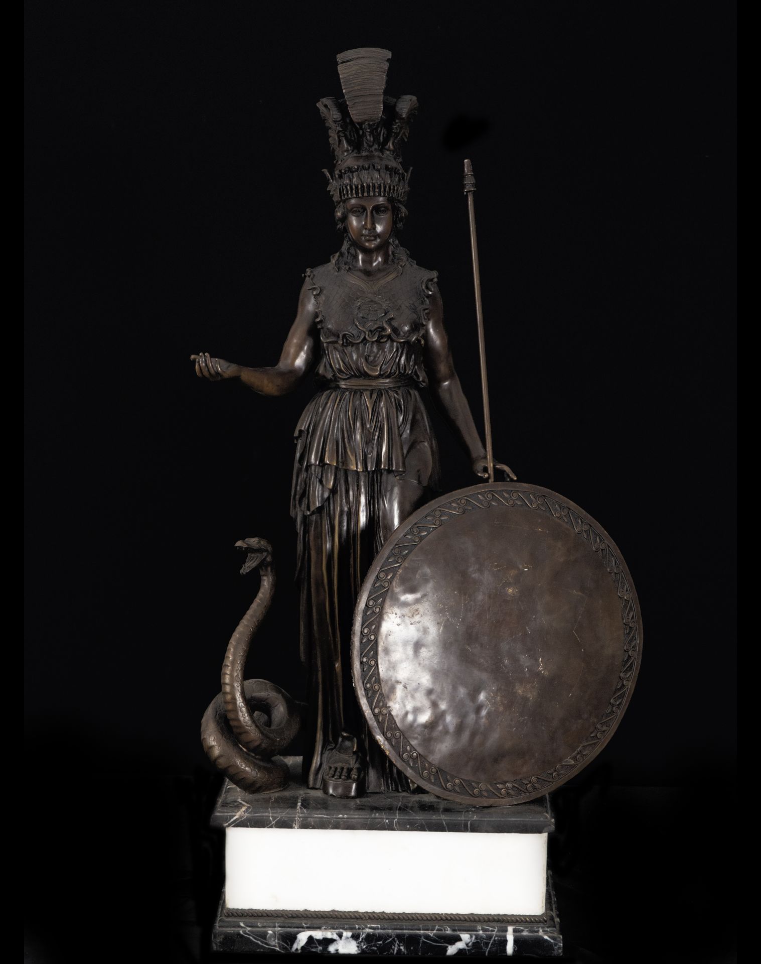 Spectacular large statue of Goddess Mars, Roman Goddess of War in patinated bronze, Italian Neoclass