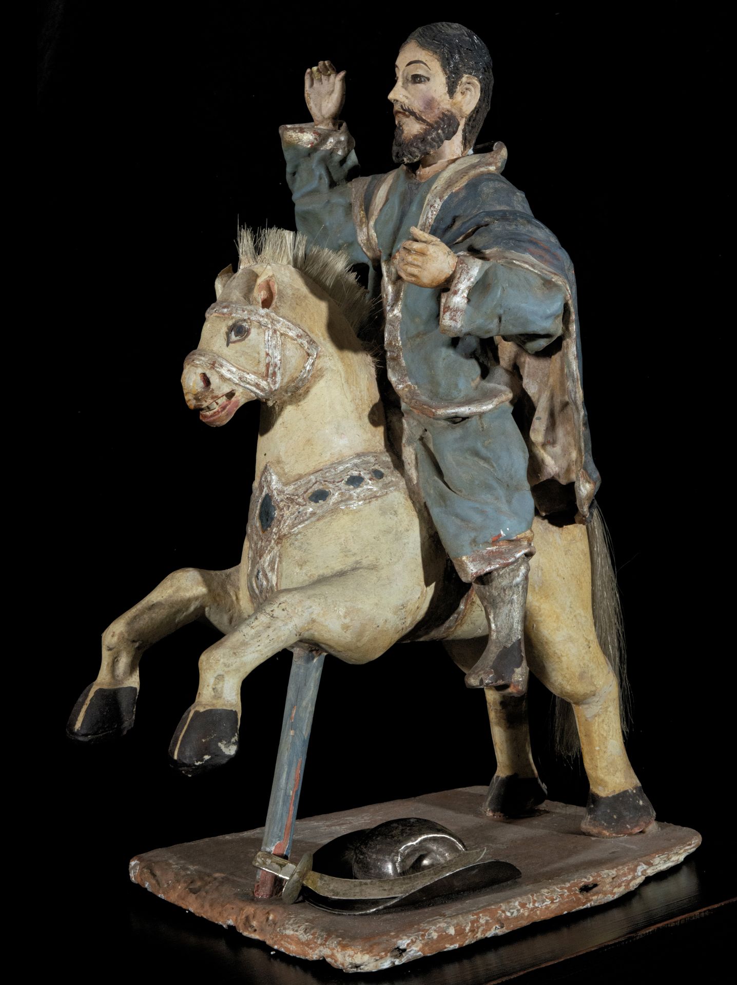 Large and rare statue of Saint James the Great on horseback with hat and sword in fine silver, Bolov - Image 2 of 10