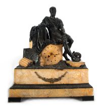 Empire style clock in patinated bronze and Aleppo marble depicting a Roman officer, 19th century