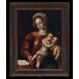 Important Virgin with Child and Saint John on panel, Mannerist school from the early period of Luis 