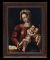 Important Virgin with Child and Saint John on panel, Mannerist school from the early period of Luis
