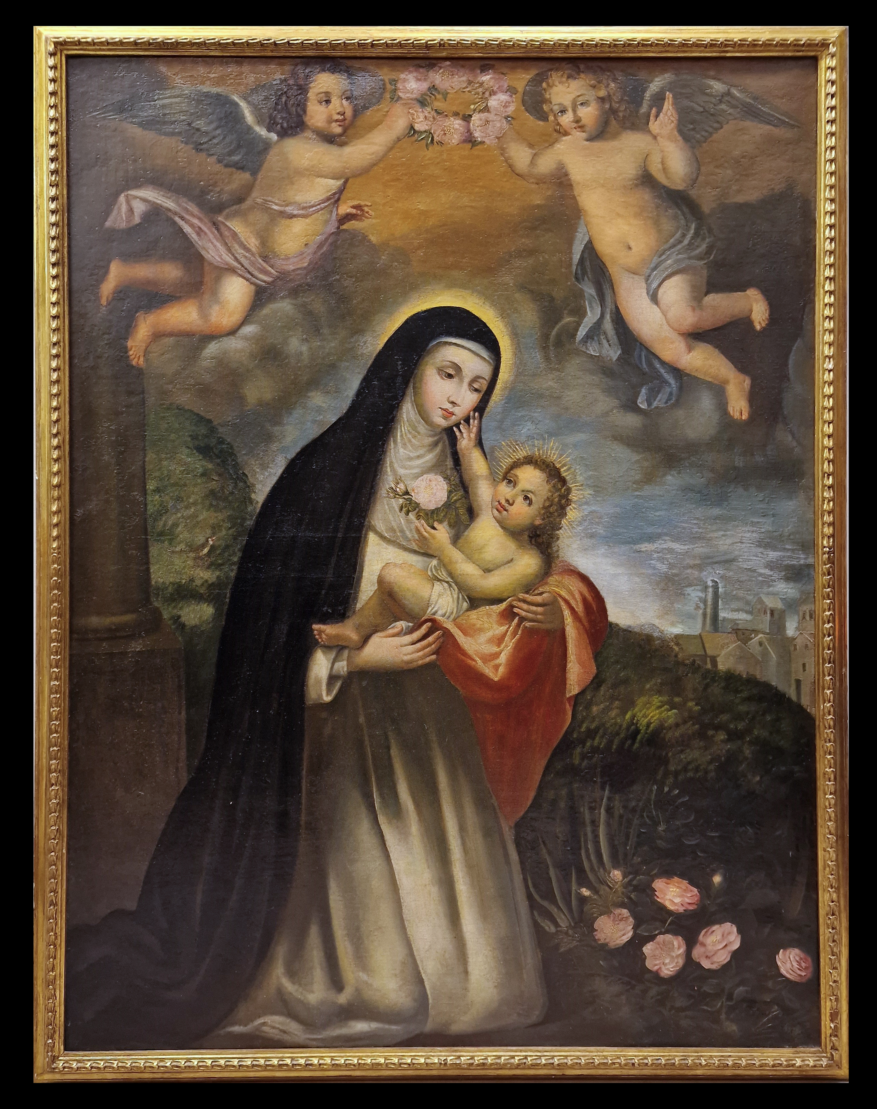 Large 18th century Viceregal Oil on Canvas with Saint Rose of Lima with the Child in Arms, colonial 