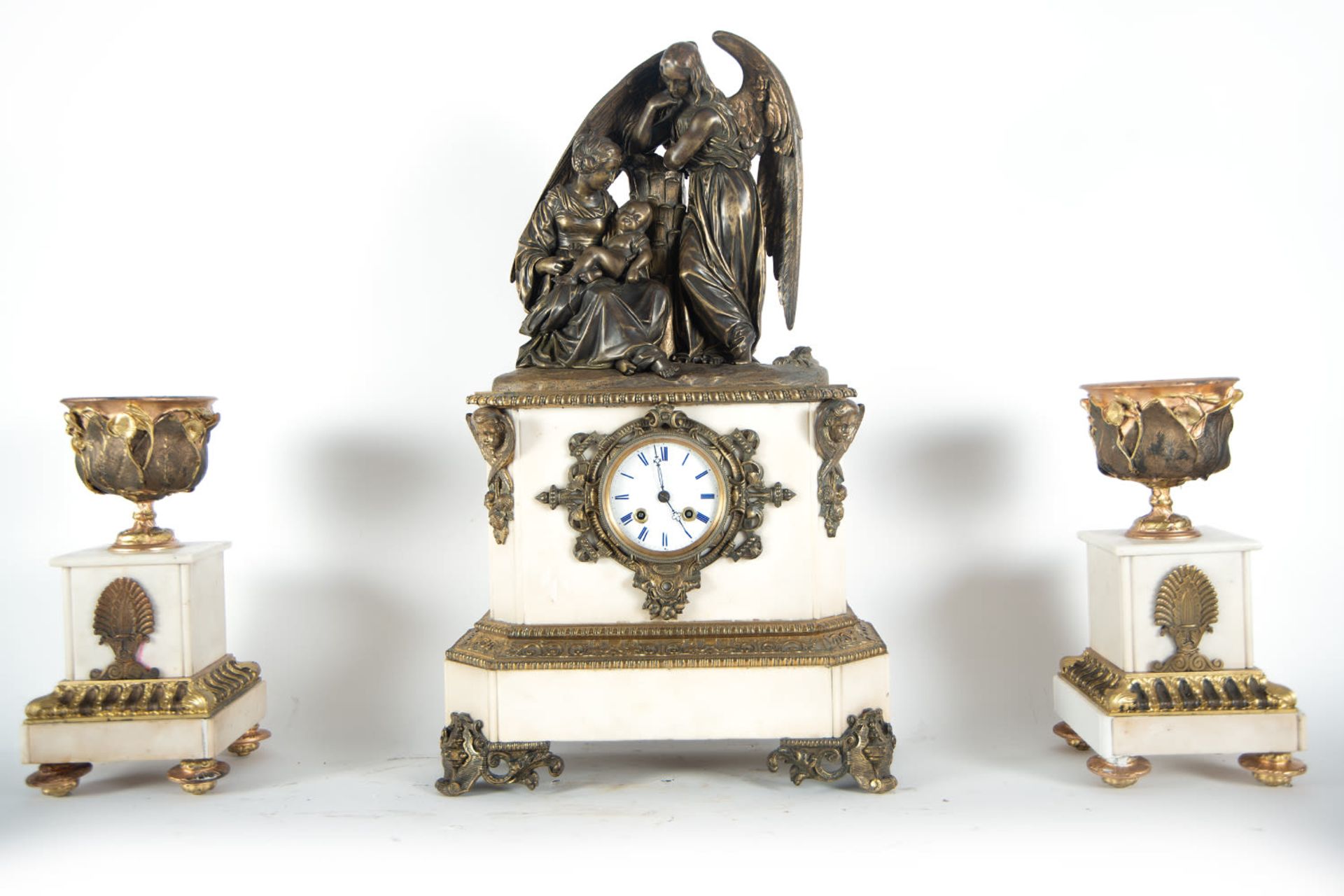 Bronze and white marble garniture with two cassolettes, "Allegory of Motherhood", 19th century